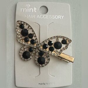 Gold Tone Black Crystal Butterfly Hair Clip